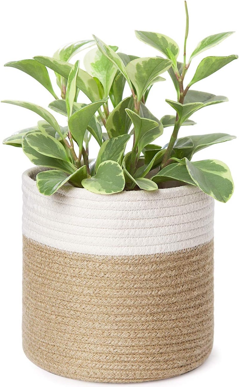 Dahey Small Cotton Rope Plant Basket Woven Plant Coiled Basket for Up to 7" Planter, Decorative Flower Pot Cover Closet Storage Bin Table Desk Organizer for Home Decor, White and Beige - Image 1
